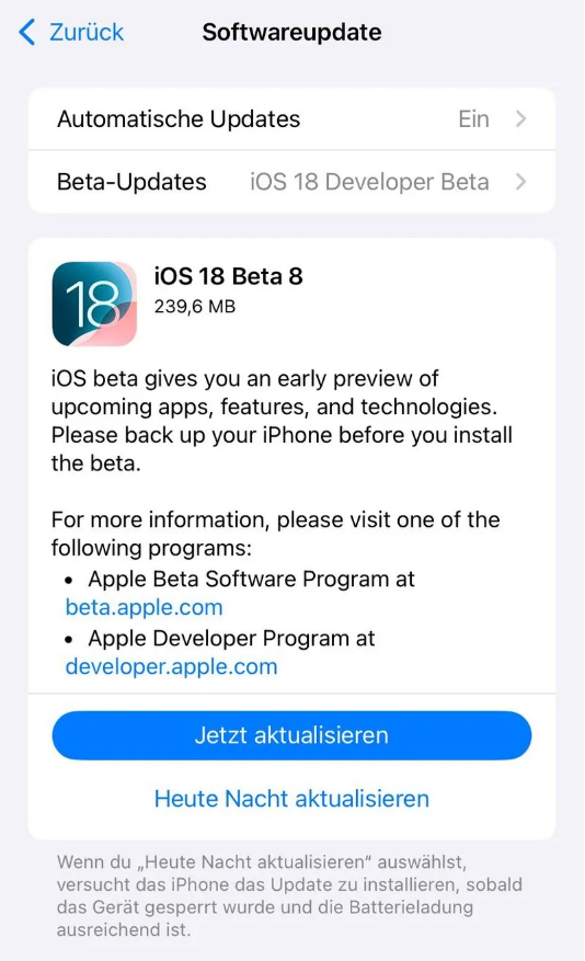 永平苹果手机维修分享苹果 iOS / iPadOS 18 开发者预览版 Beta 8 发布 